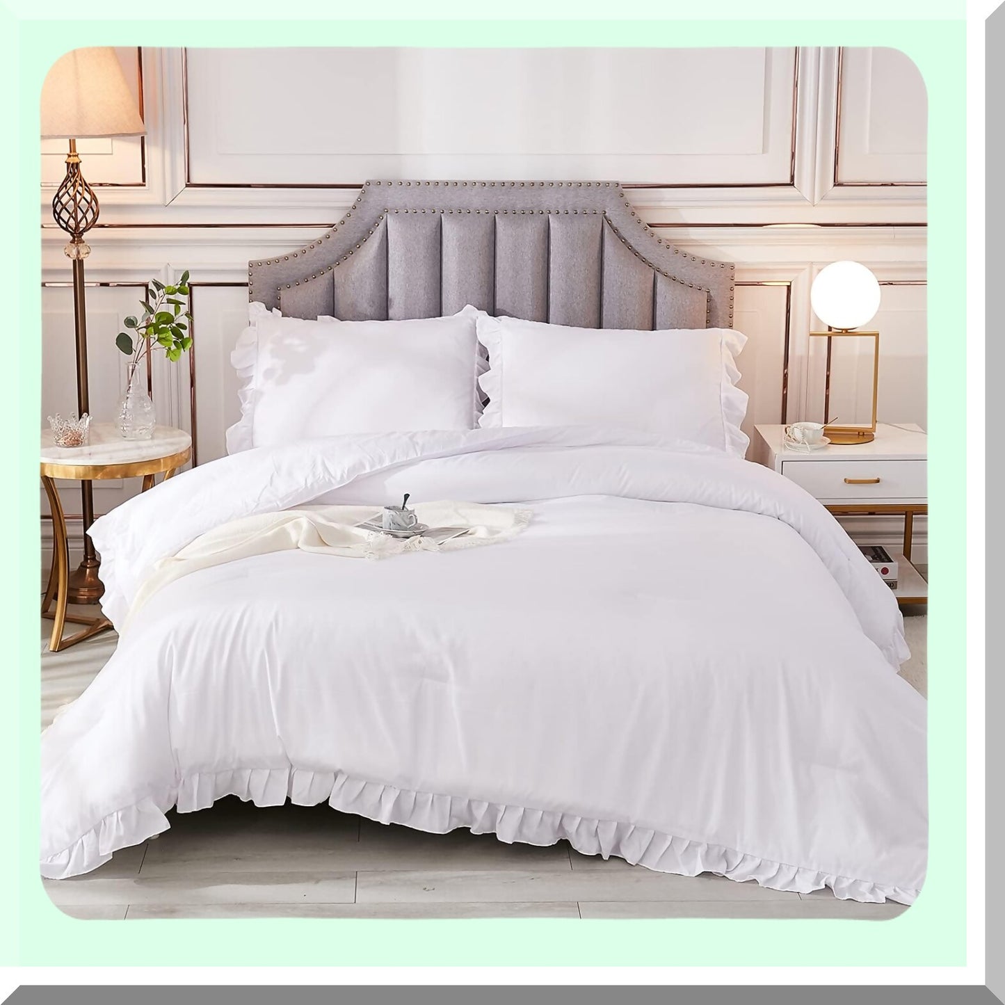 White Farmhouse Ruffle Comforter Set - 3 Piece Cal Solid Shabby Chic Bedding - Oversized Lightweight Down Alternative Bed Set for Adults - All Season Soft Men Women