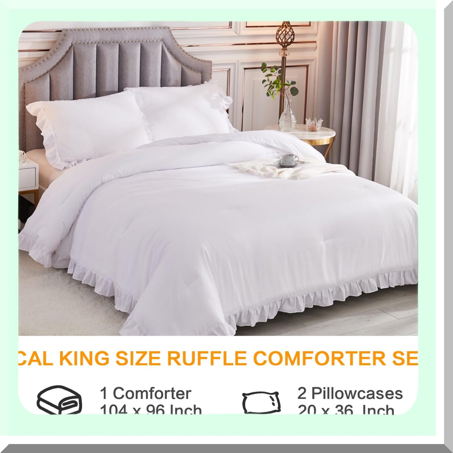 White Farmhouse Ruffle Comforter Set - 3 Piece Cal Solid Shabby Chic Bedding - Oversized Lightweight Down Alternative Bed Set for Adults - All Season Soft Men Women