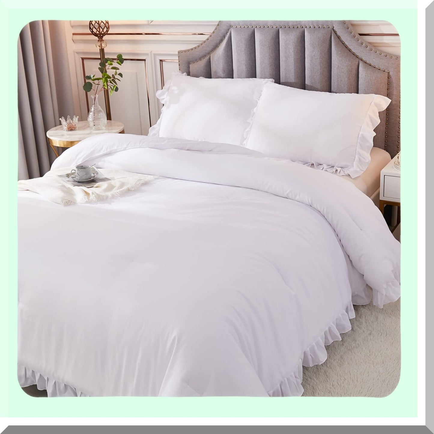 White Farmhouse Ruffle Comforter Set - 3 Piece Cal Solid Shabby Chic Bedding - Oversized Lightweight Down Alternative Bed Set for Adults - All Season Soft Men Women
