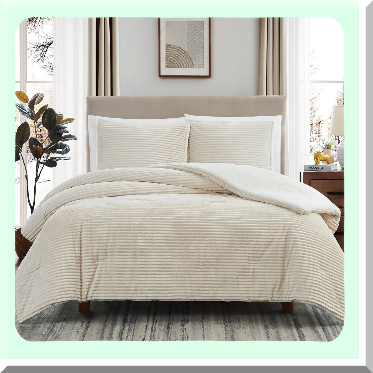 Ivory Sherpa Plush Queen Comforter Set - Winter Warmth 3-Piece Bedding Ensemble - Ultra-Soft Microplush Fleece - Cozy Reversible Design - 90''x90''