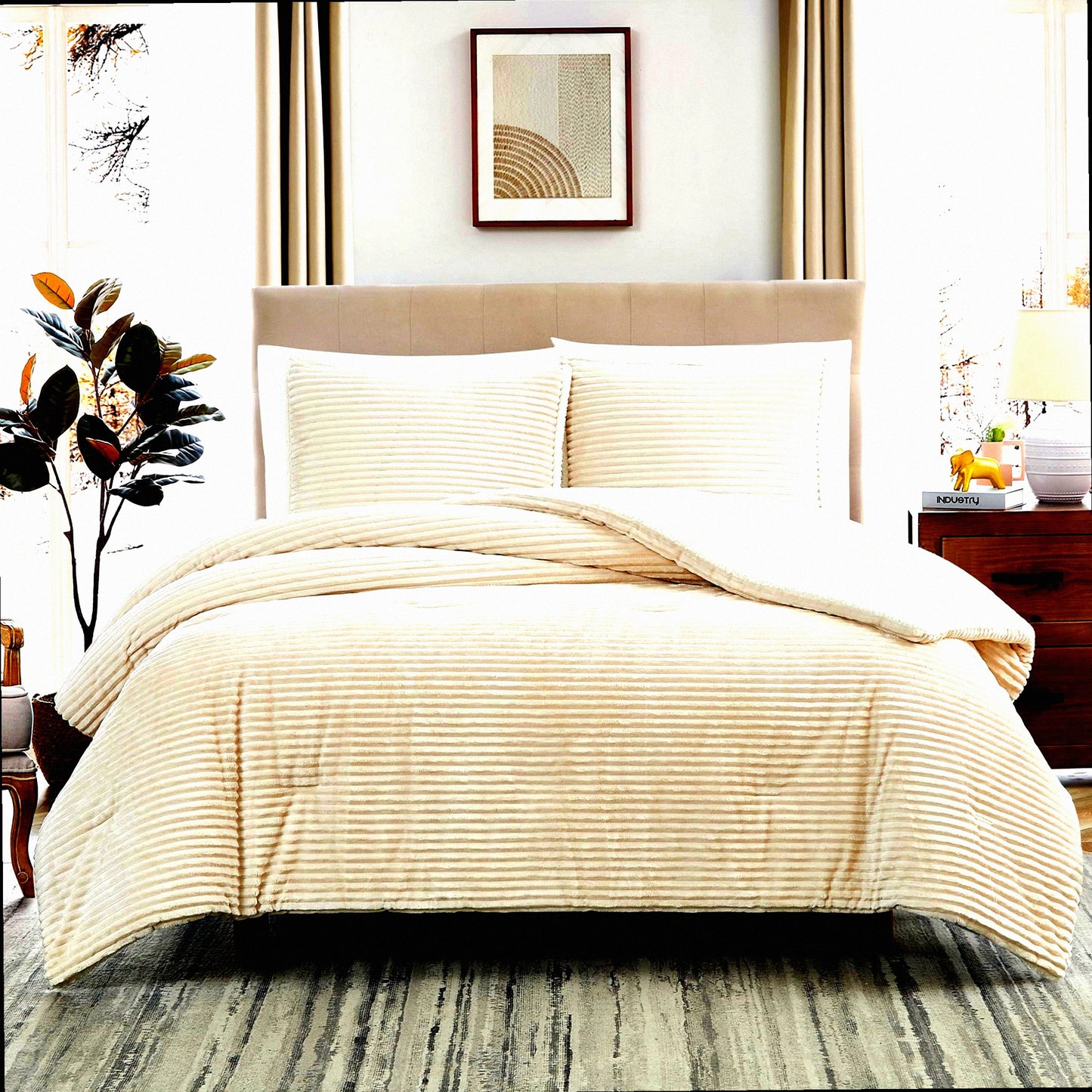 Ivory Sherpa Plush Queen Comforter Set - Winter Warmth 3-Piece Bedding Ensemble - Ultra-Soft Microplush Fleece - Cozy Reversible Design - 90''x90''