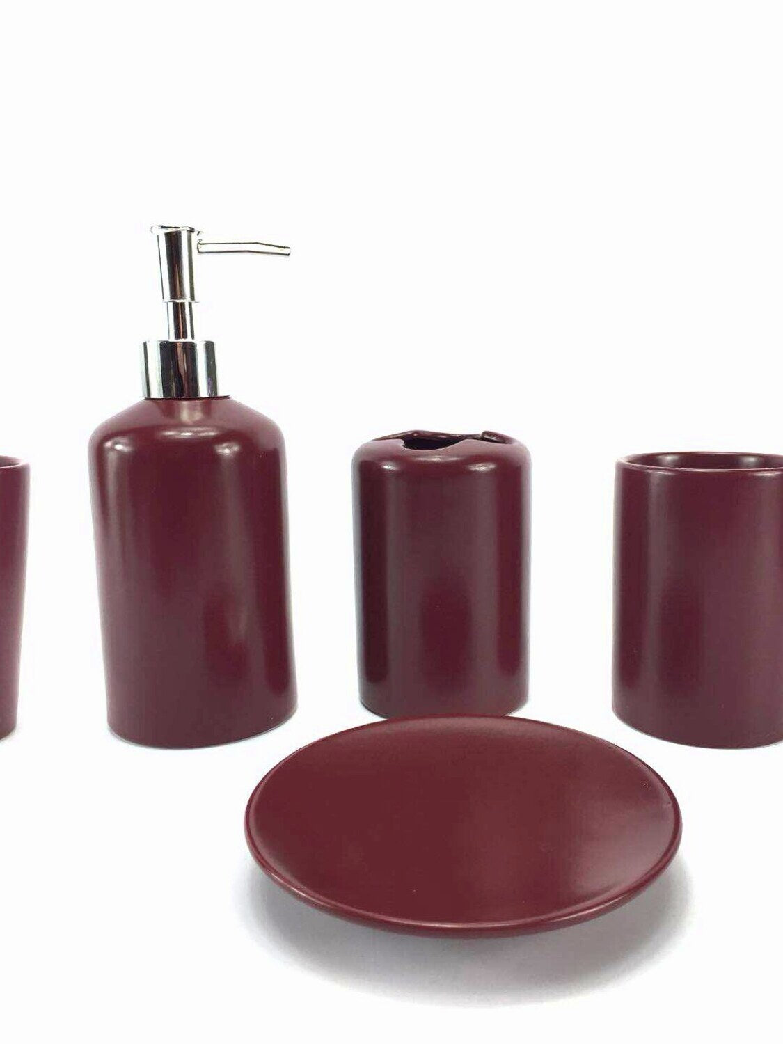 4 Piece Burgundy Ceramic Bathroom Accessories Set