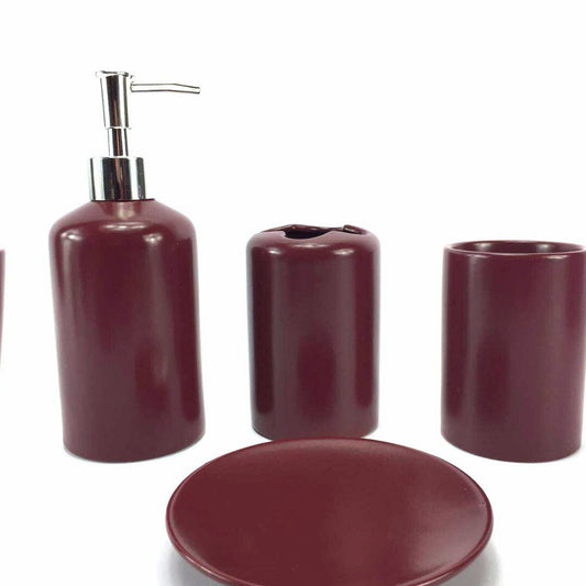 4 Piece Burgundy Ceramic Bathroom Accessories Set