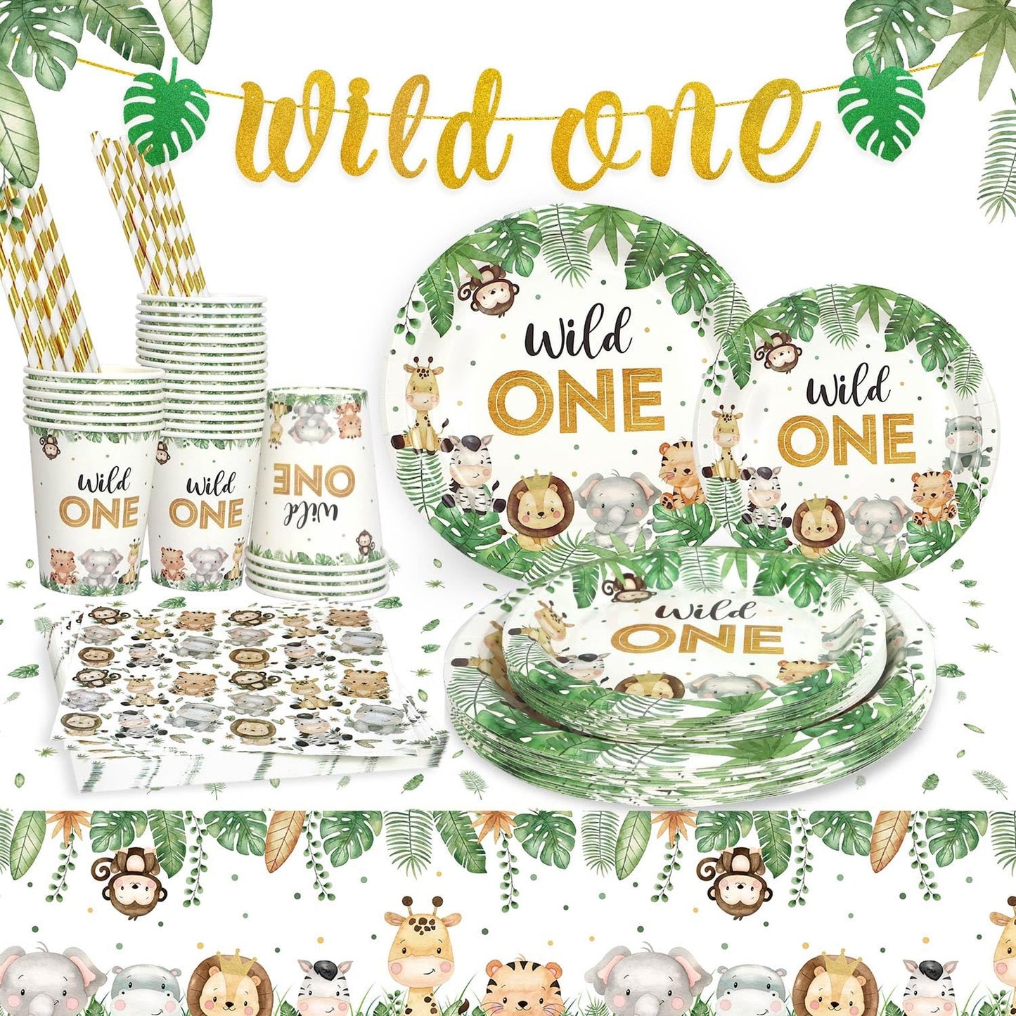 Safari Adventure Party Pack for 25 - Jungle Theme Birthday Decor Set with Plates, Napkins, Straws, Cups, Tablecloth & Banner - Boys 1st Birthday Supplies