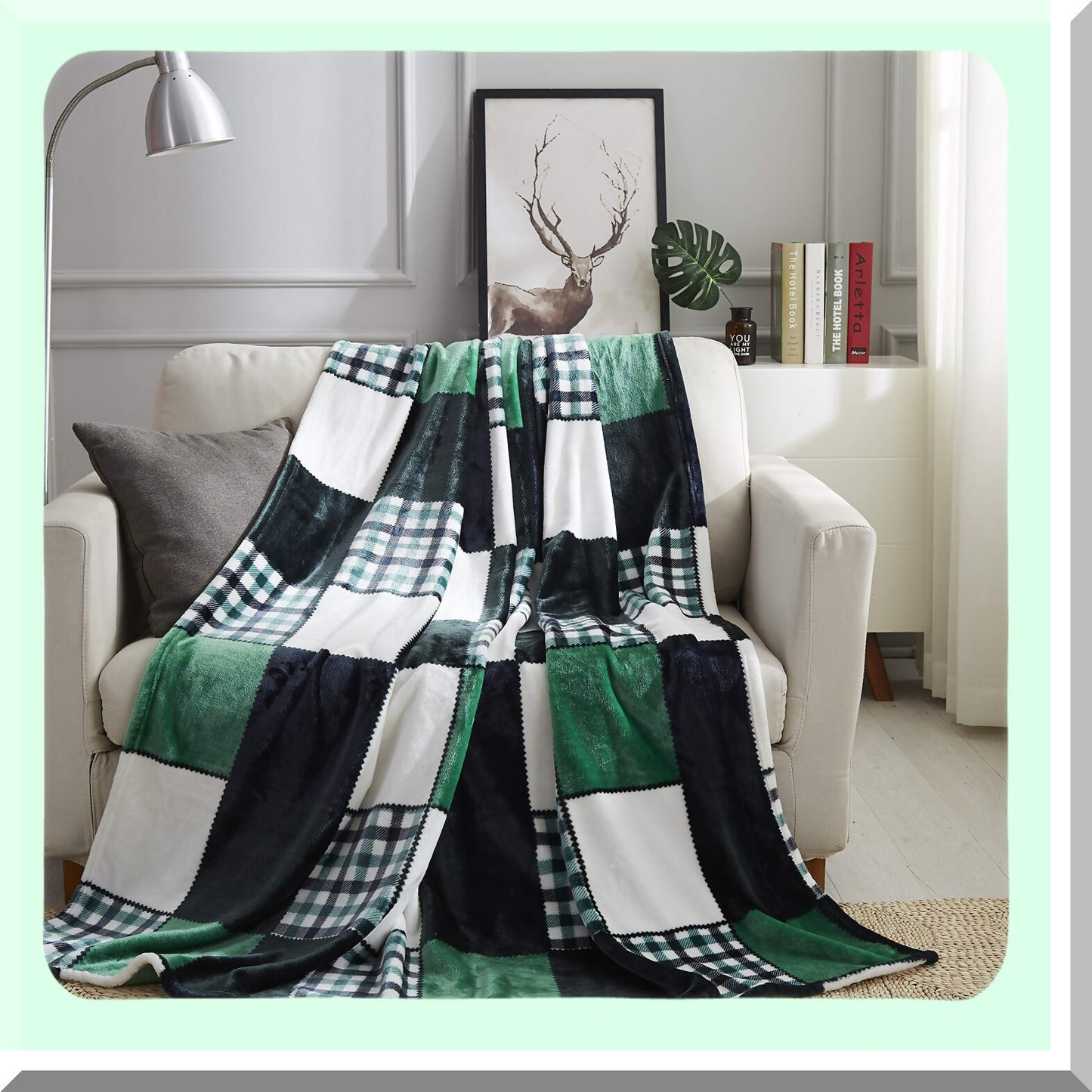 Forest Green Farmhouse Micro Fleece Plaid Patchwork Throw Blanket - Super Soft, Lightweight, Dual-Sided, Decorative for Couch, Sofa, Travel, Lap, Bed - 50x60