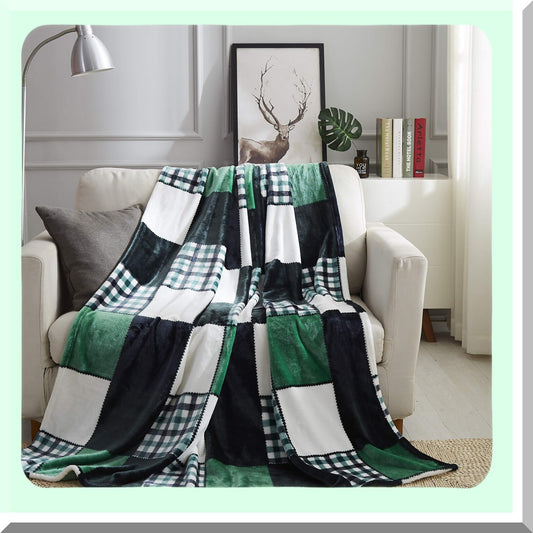 Forest Green Farmhouse Micro Fleece Plaid Patchwork Throw Blanket - Super Soft, Lightweight, Dual-Sided, Decorative for Couch, Sofa, Travel, Lap, Bed - 50x60
