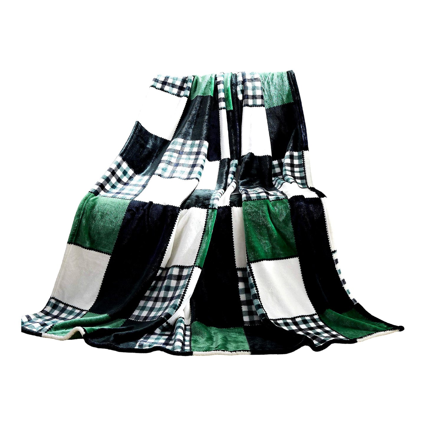 Forest Green Farmhouse Micro Fleece Plaid Patchwork Throw Blanket - Super Soft, Lightweight, Dual-Sided, Decorative for Couch, Sofa, Travel, Lap, Bed - 50x60