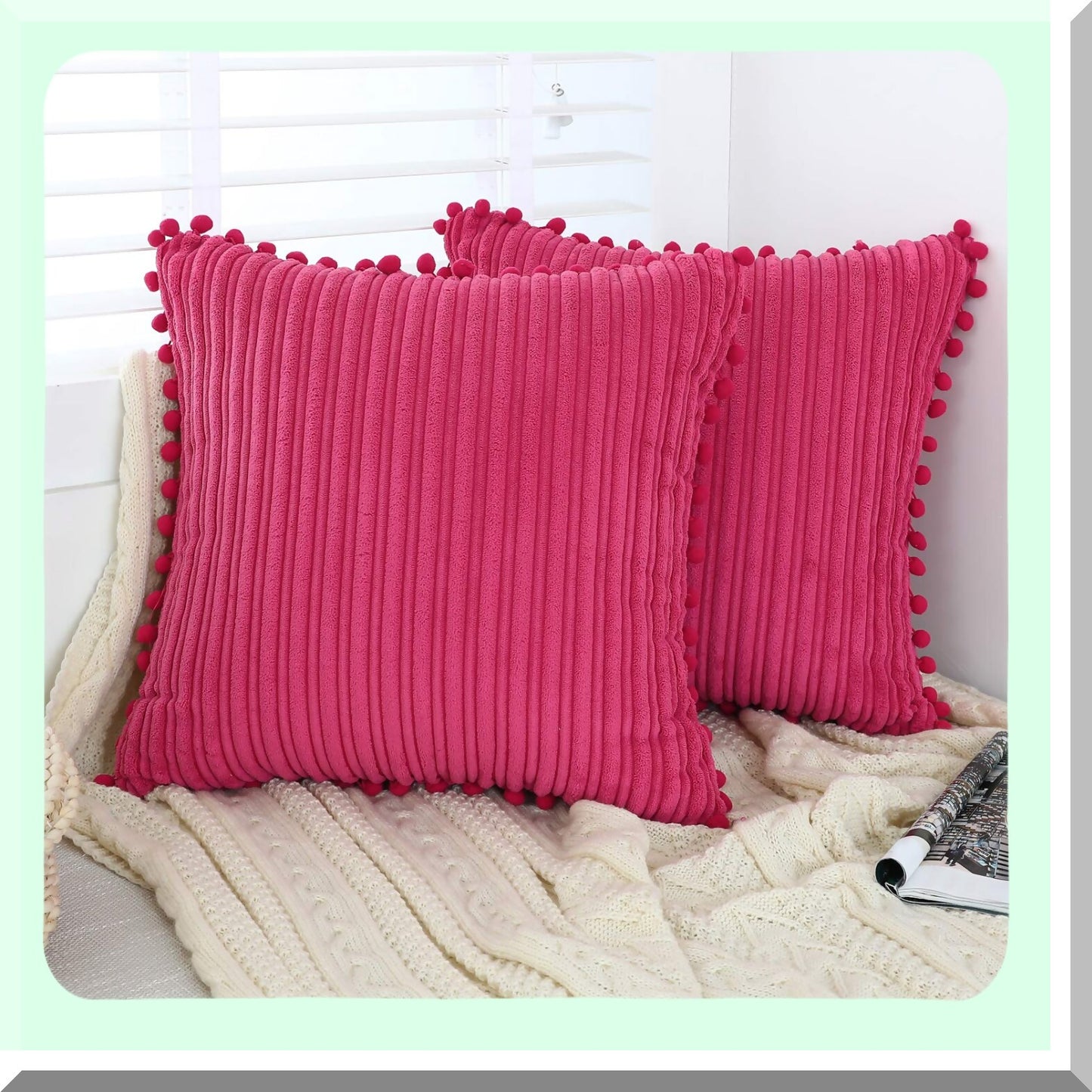 Pom-Pom Pink Corduroy Pillow Covers - Set of 2 Farmhouse Boho Accent Decorative Throw Pillow Covers for Couch Bed Sofa - 18x18 inch