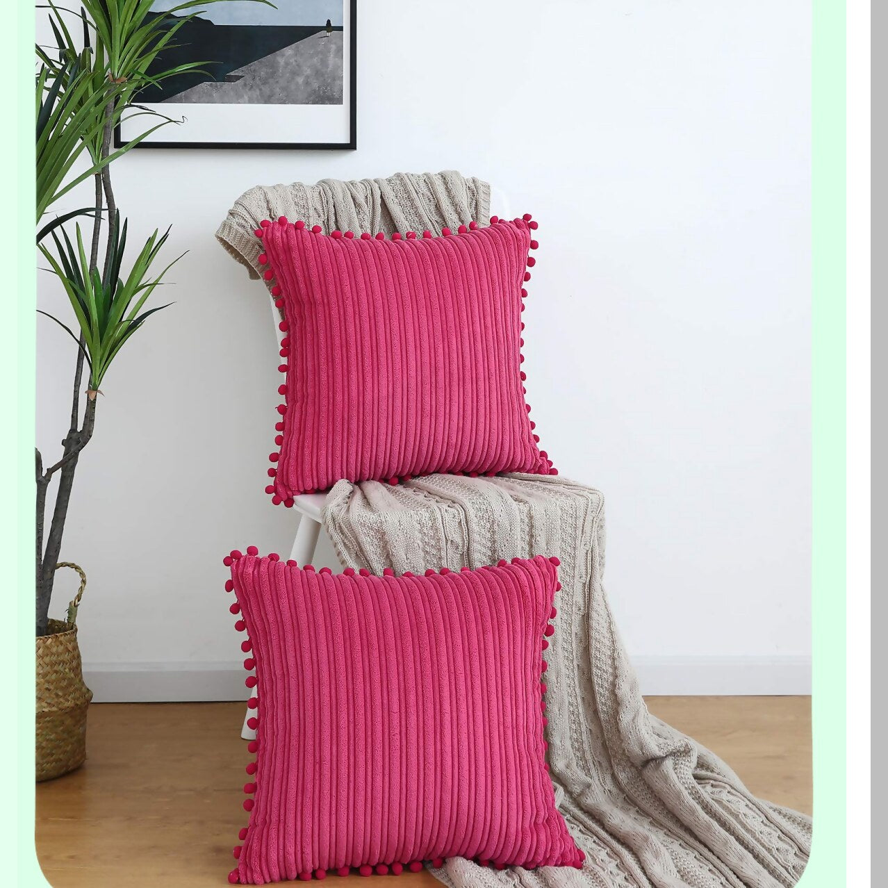Pom-Pom Pink Corduroy Pillow Covers - Set of 2 Farmhouse Boho Accent Decorative Throw Pillow Covers for Couch Bed Sofa - 18x18 inch