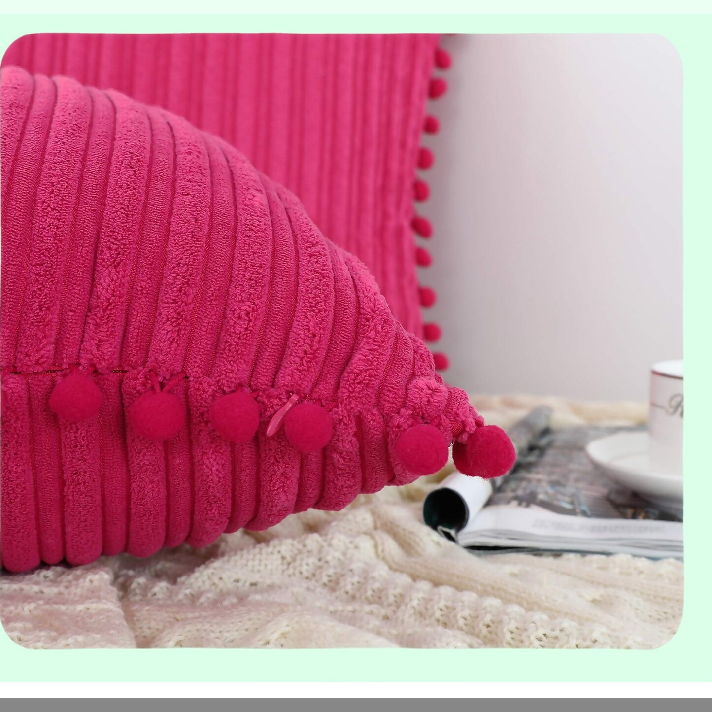 Pom-Pom Pink Corduroy Pillow Covers - Set of 2 Farmhouse Boho Accent Decorative Throw Pillow Covers for Couch Bed Sofa - 18x18 inch
