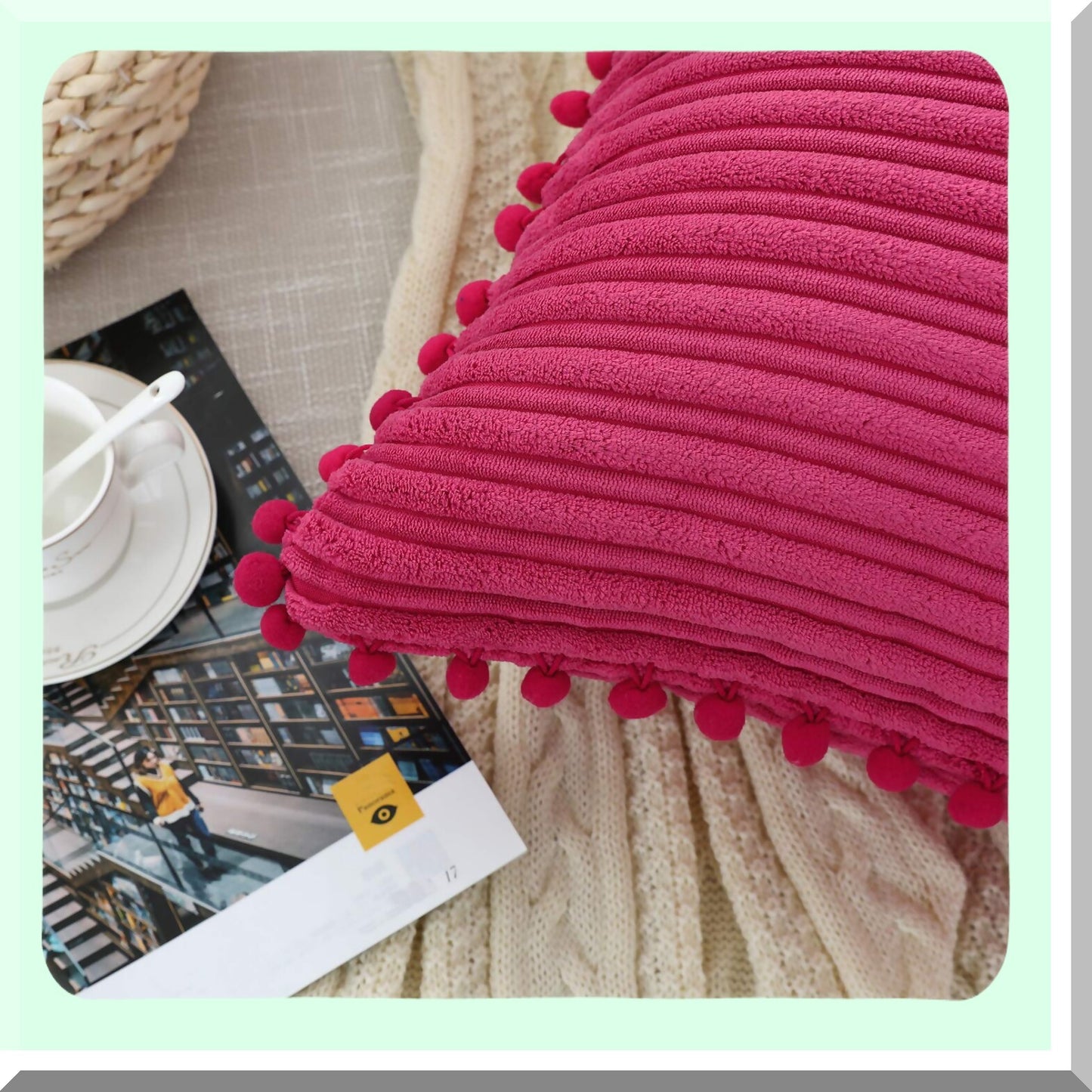 Pom-Pom Pink Corduroy Pillow Covers - Set of 2 Farmhouse Boho Accent Decorative Throw Pillow Covers for Couch Bed Sofa - 18x18 inch