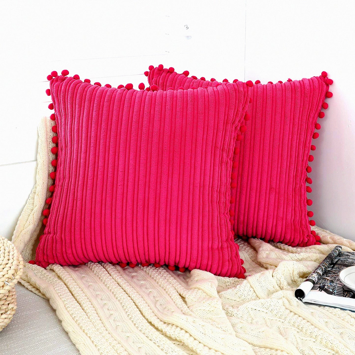 Pom-Pom Pink Corduroy Pillow Covers - Set of 2 Farmhouse Boho Accent Decorative Throw Pillow Covers for Couch Bed Sofa - 18x18 inch