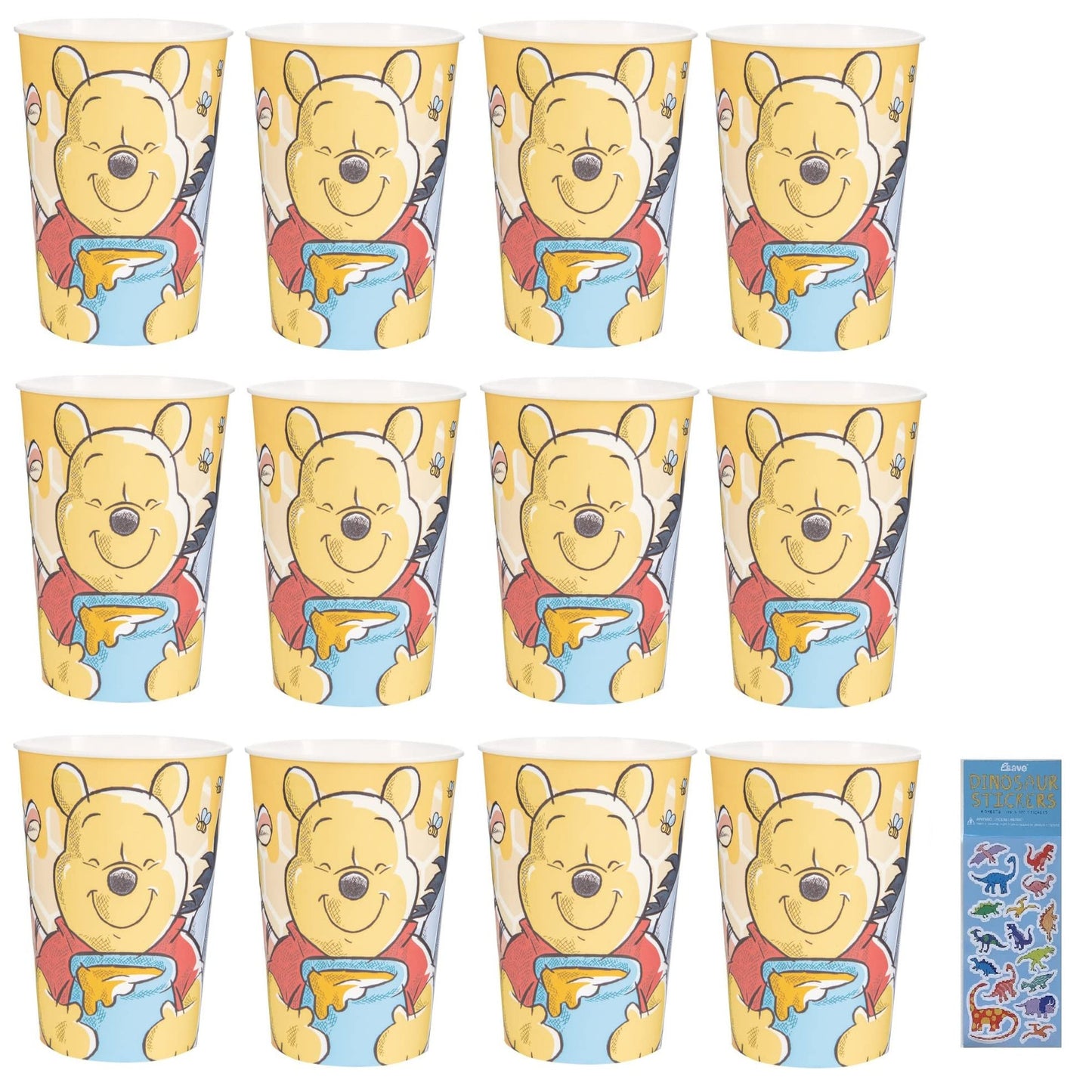 Birthday Bash Baby Party Pack - 12 Reusable Cups & Dino Sticker Sheet - Winnie the Pooh Theme Supplies for a Roaring Good Time!