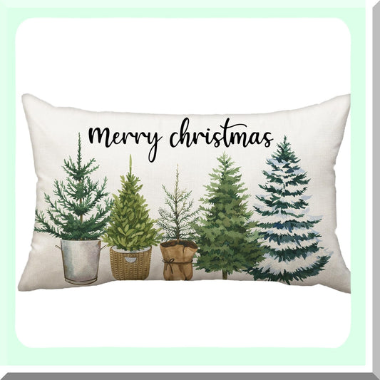 Winter Wonderland Lumbar Pillow Cover - Festive Farmhouse Decor for Sofa Couch - Merry Trees Cushion Case - Holiday Home Decor 12 x 20