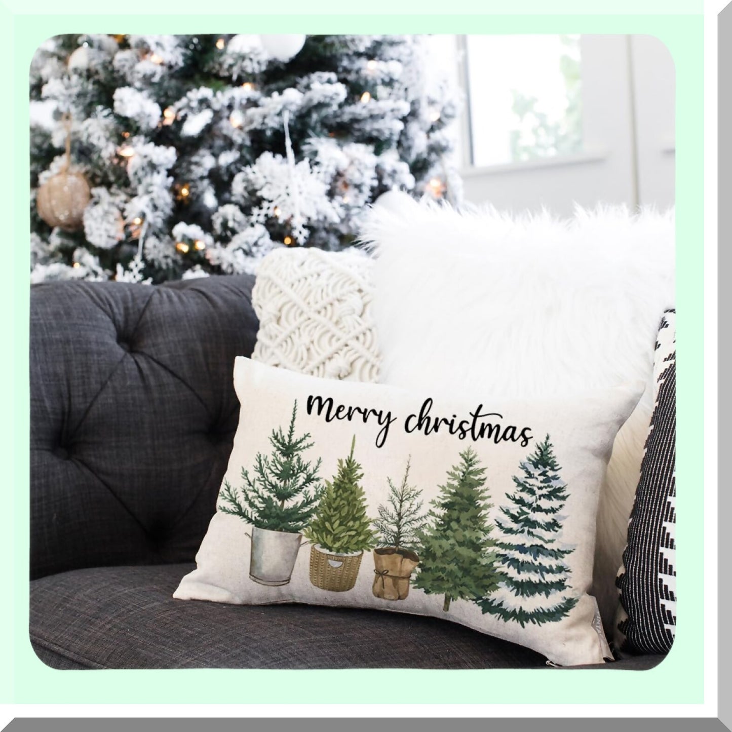 Winter Wonderland Lumbar Pillow Cover - Festive Farmhouse Decor for Sofa Couch - Merry Trees Cushion Case - Holiday Home Decor 12 x 20