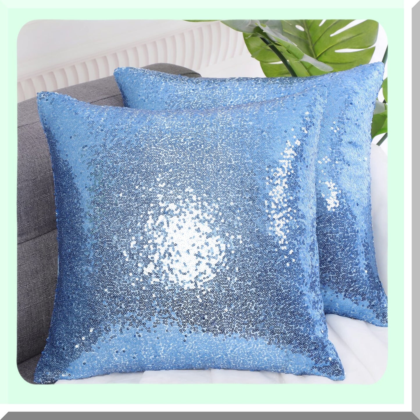Sparkle Party Pillowcase Set - Sequin Throw Cushion Covers, Shiny Decorative Pillowcases for Thanksgiving & New Year Celebration, 16x16 Inch, Sky Blue