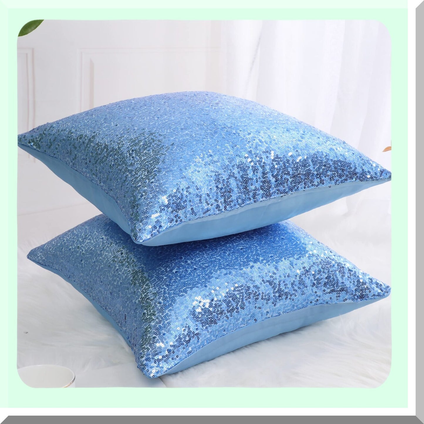 Sparkle Party Pillowcase Set - Sequin Throw Cushion Covers, Shiny Decorative Pillowcases for Thanksgiving & New Year Celebration, 16x16 Inch, Sky Blue