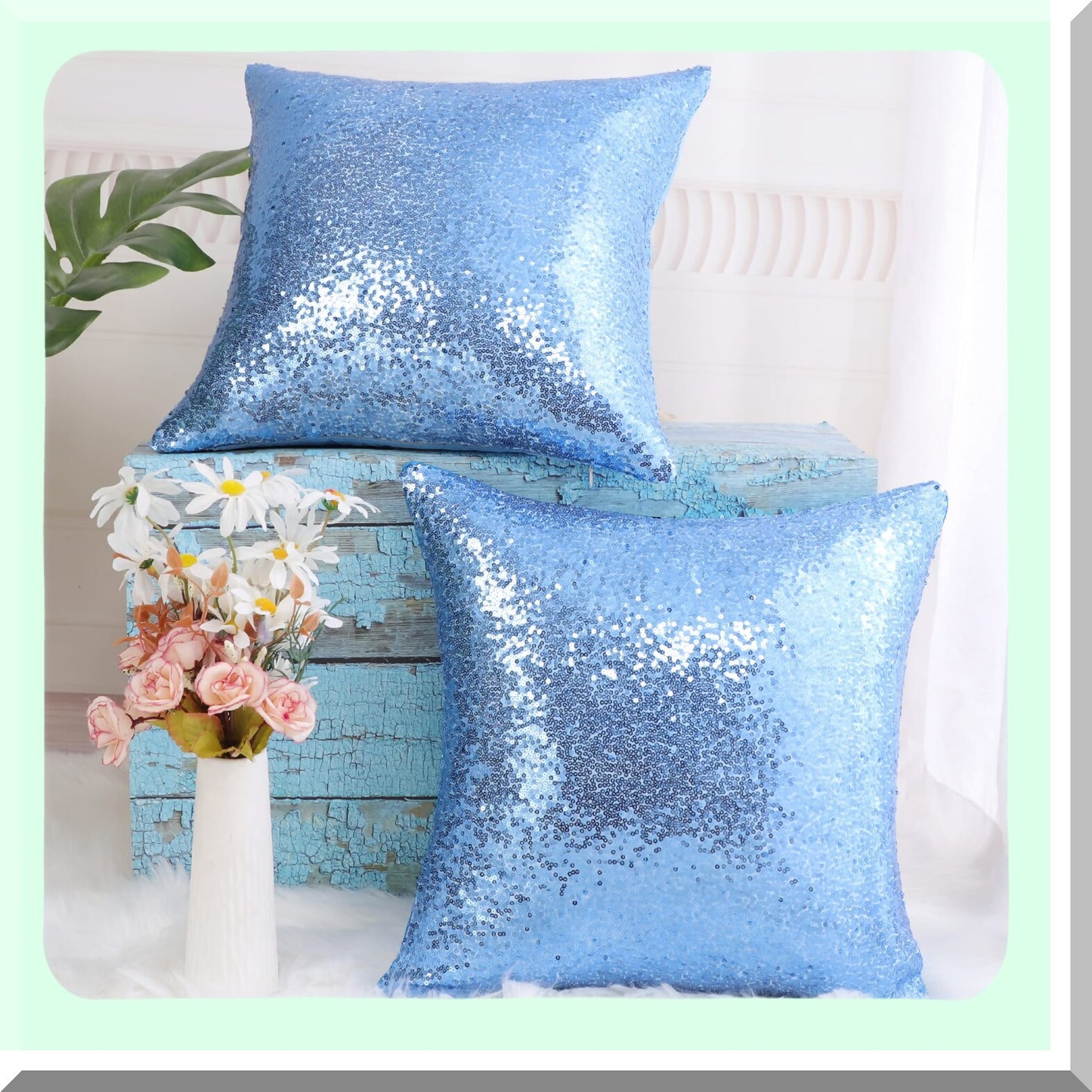 Sparkle Party Pillowcase Set - Sequin Throw Cushion Covers, Shiny Decorative Pillowcases for Thanksgiving & New Year Celebration, 16x16 Inch, Sky Blue