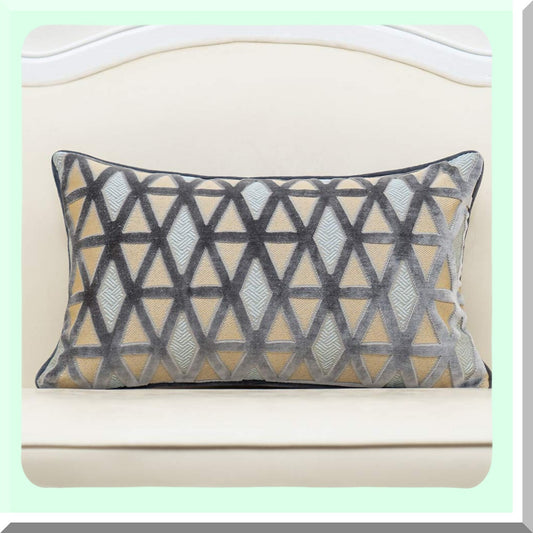 Luxury Diamond Plaid Velvet Lumbar Pillow Cover - Modern Striped Embroidery Cushion Case for Couch, Sofa, Living Room, Bedroom, Car - Gray 12x20"