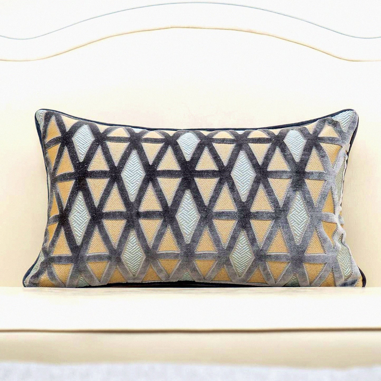 Luxury Diamond Plaid Velvet Lumbar Pillow Cover - Modern Striped Embroidery Cushion Case for Couch, Sofa, Living Room, Bedroom, Car - Gray 12x20"