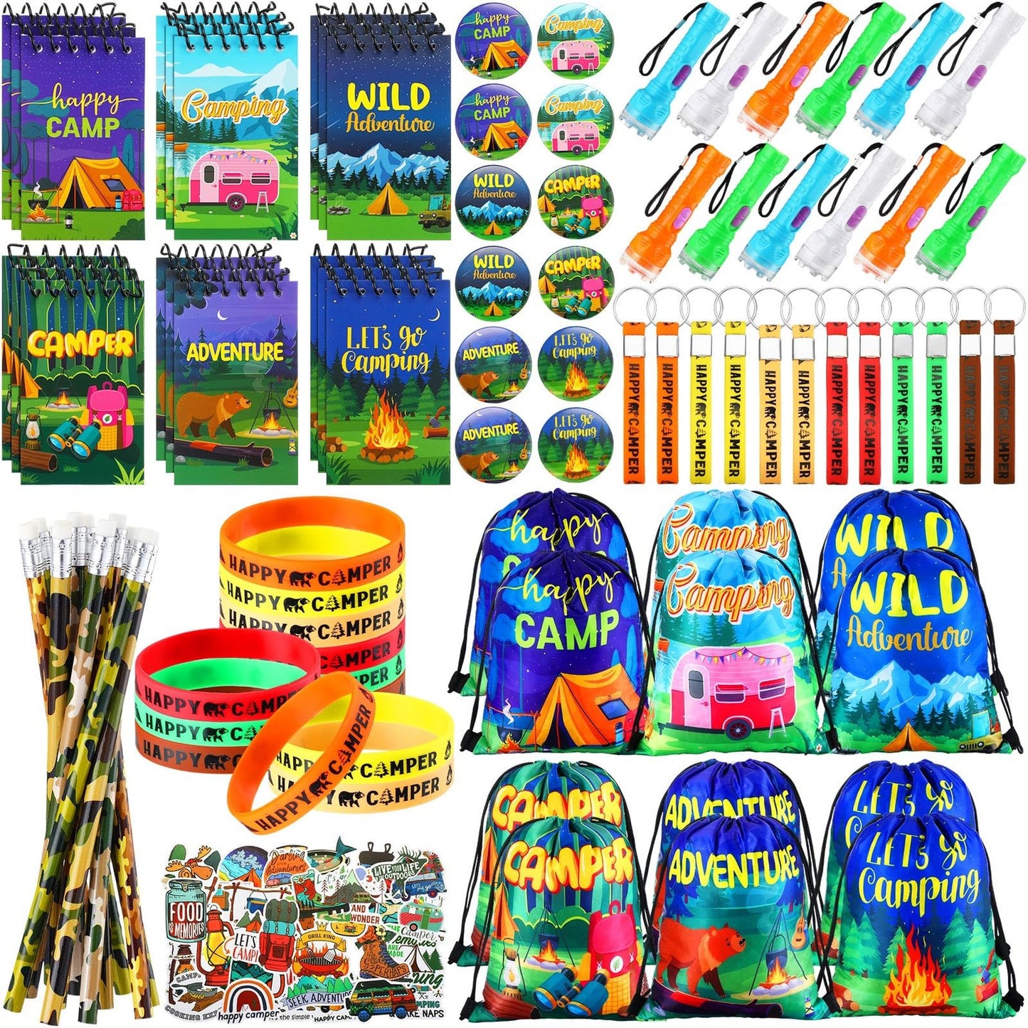 Adventure Camp Party Pack - Silicone Bracelets, Stickers, Keychain, Badge, Camo Pencils, Notepads, Drawstring Bags, Mini Flashlight - 140 Pcs for Kids