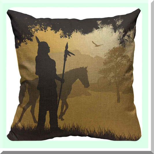 Sunset Silhouette Horse Spear Red Chief Pillow Cover - Decorative Cotton Linen Cushion Case 18x18 Inch