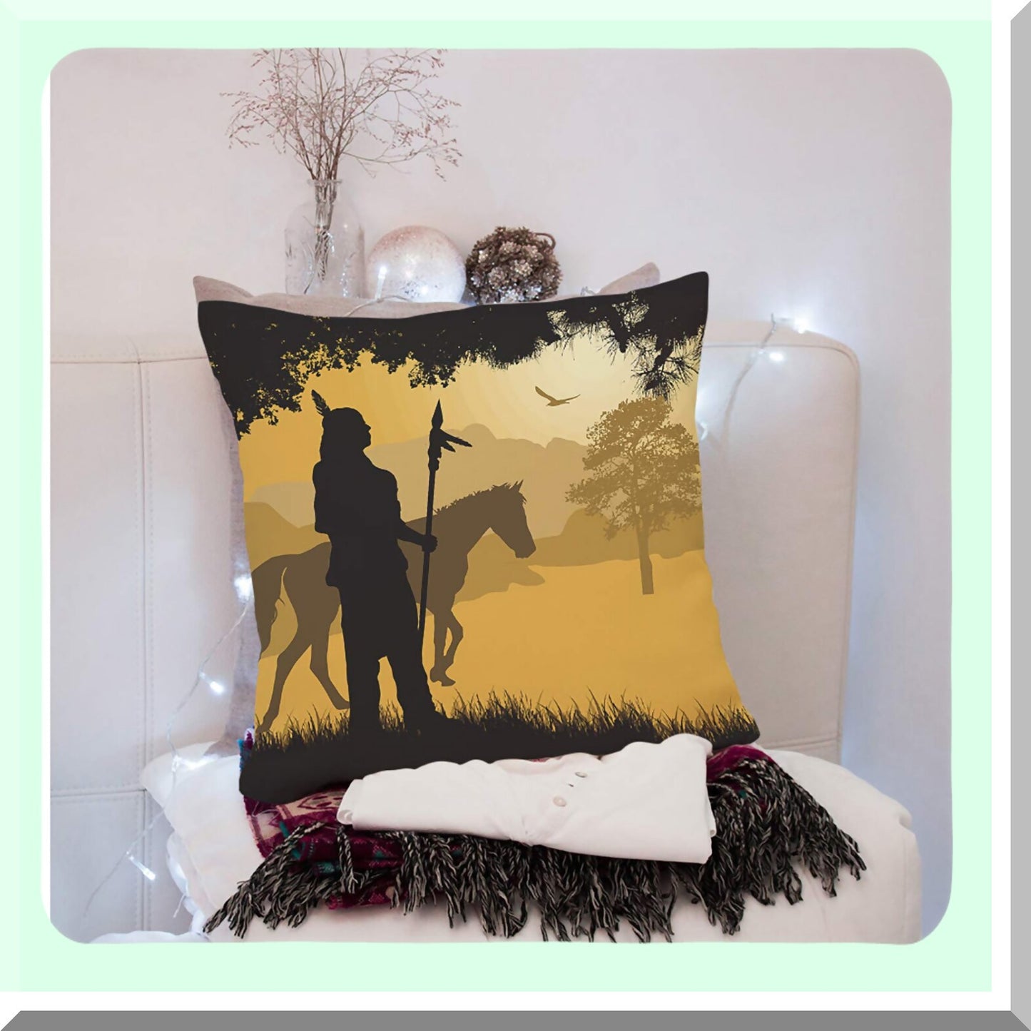 Sunset Silhouette Horse Spear Red Chief Pillow Cover - Decorative Cotton Linen Cushion Case 18x18 Inch