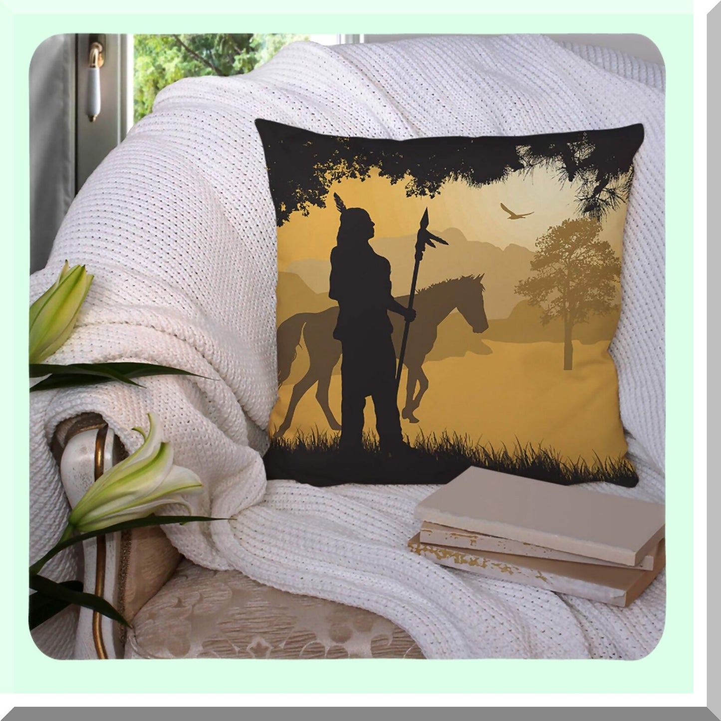 Sunset Silhouette Horse Spear Red Chief Pillow Cover - Decorative Cotton Linen Cushion Case 18x18 Inch