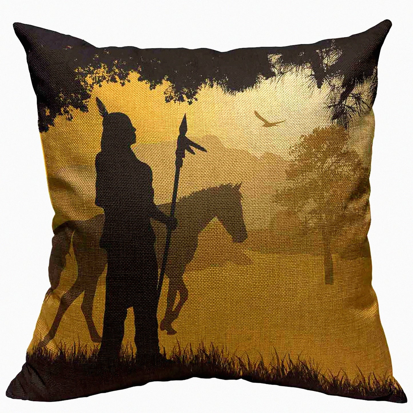 Sunset Silhouette Horse Spear Red Chief Pillow Cover - Decorative Cotton Linen Cushion Case 18x18 Inch
