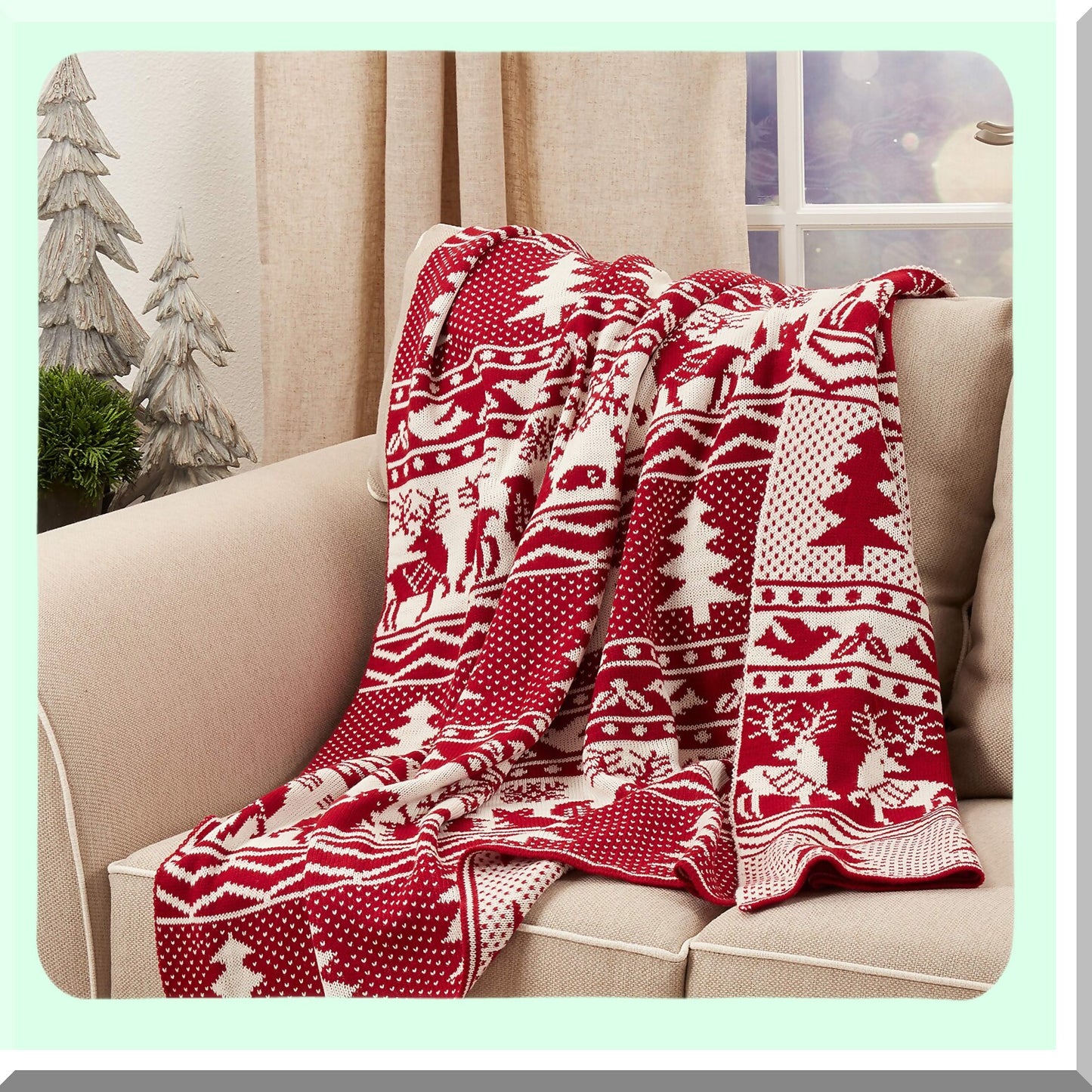 Festive Reindeer & Tree Knit Throw Blanket, Red, 50" x 60""