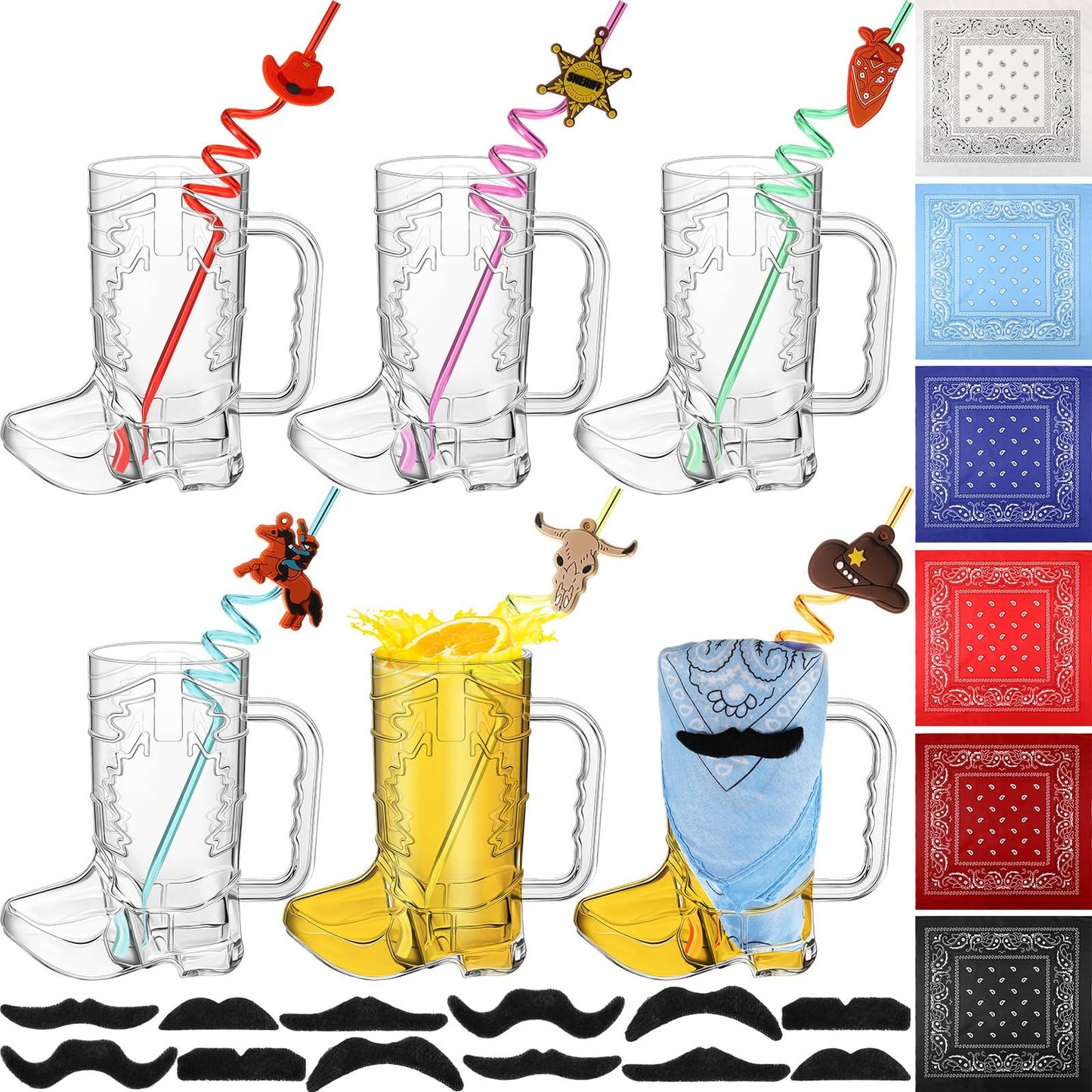Wild West Party Pack: 30 Cowboy Favors with 20 oz Boot Mug, Cowgirl Straws, Bandanas, Mustaches & Decorations. Perfect for Western Theme Events!