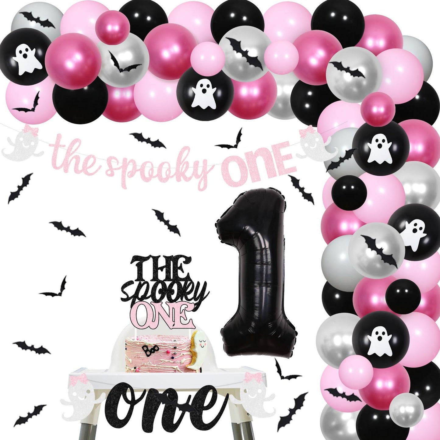 Spooky One Birthday Bash Kit: Pink & Black Balloon Garland Arch, Banner, Cake Topper, Ghost High Chair Banner - 1st Birthday Party Decorations for Girls