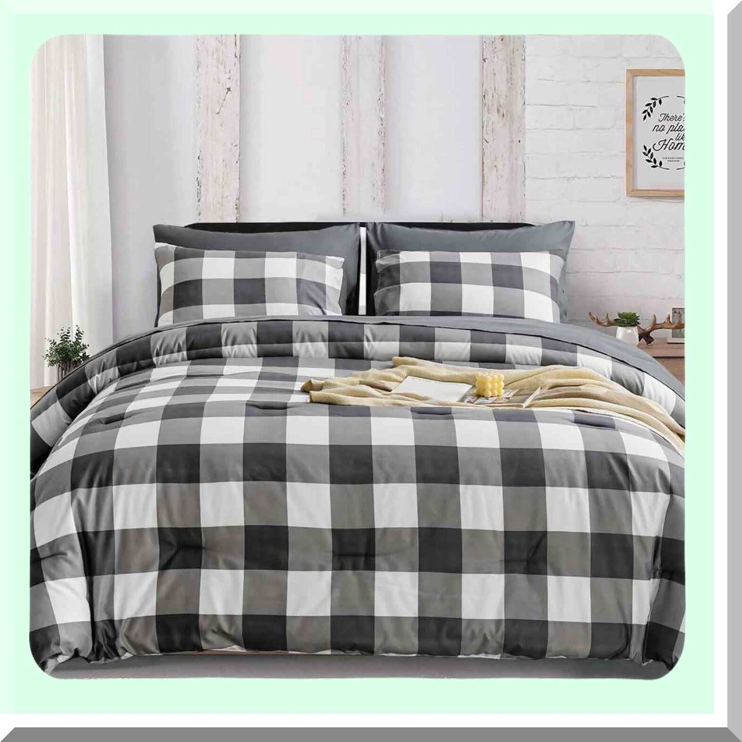 Neutral Farmhouse Buffalo Check Comforter Set - Queen Size 3 Piece Bedding with Lightweight Microfiber Down Alternative Fill & 2 Pillowcases for Men and Women.