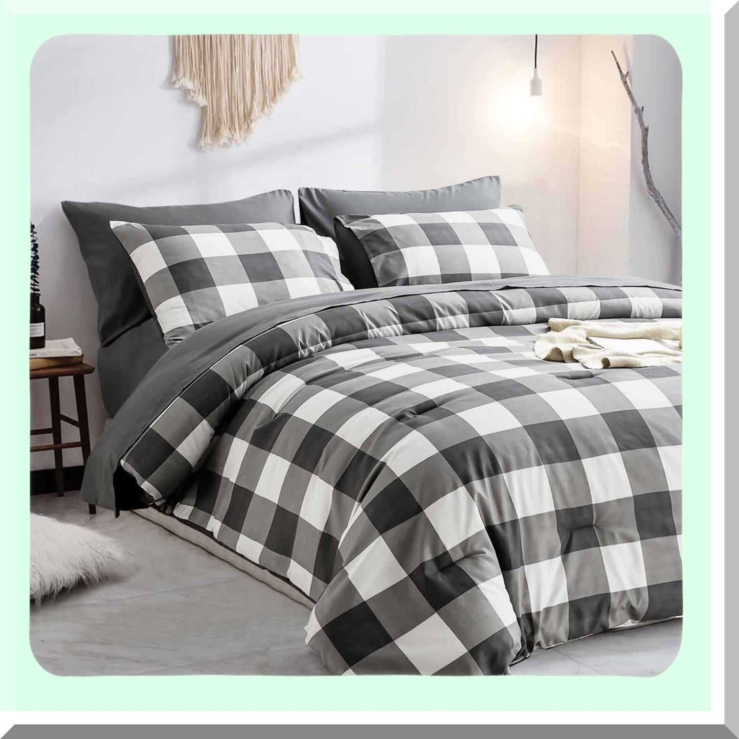 Neutral Farmhouse Buffalo Check Comforter Set - Queen Size 3 Piece Bedding with Lightweight Microfiber Down Alternative Fill & 2 Pillowcases for Men and Women.