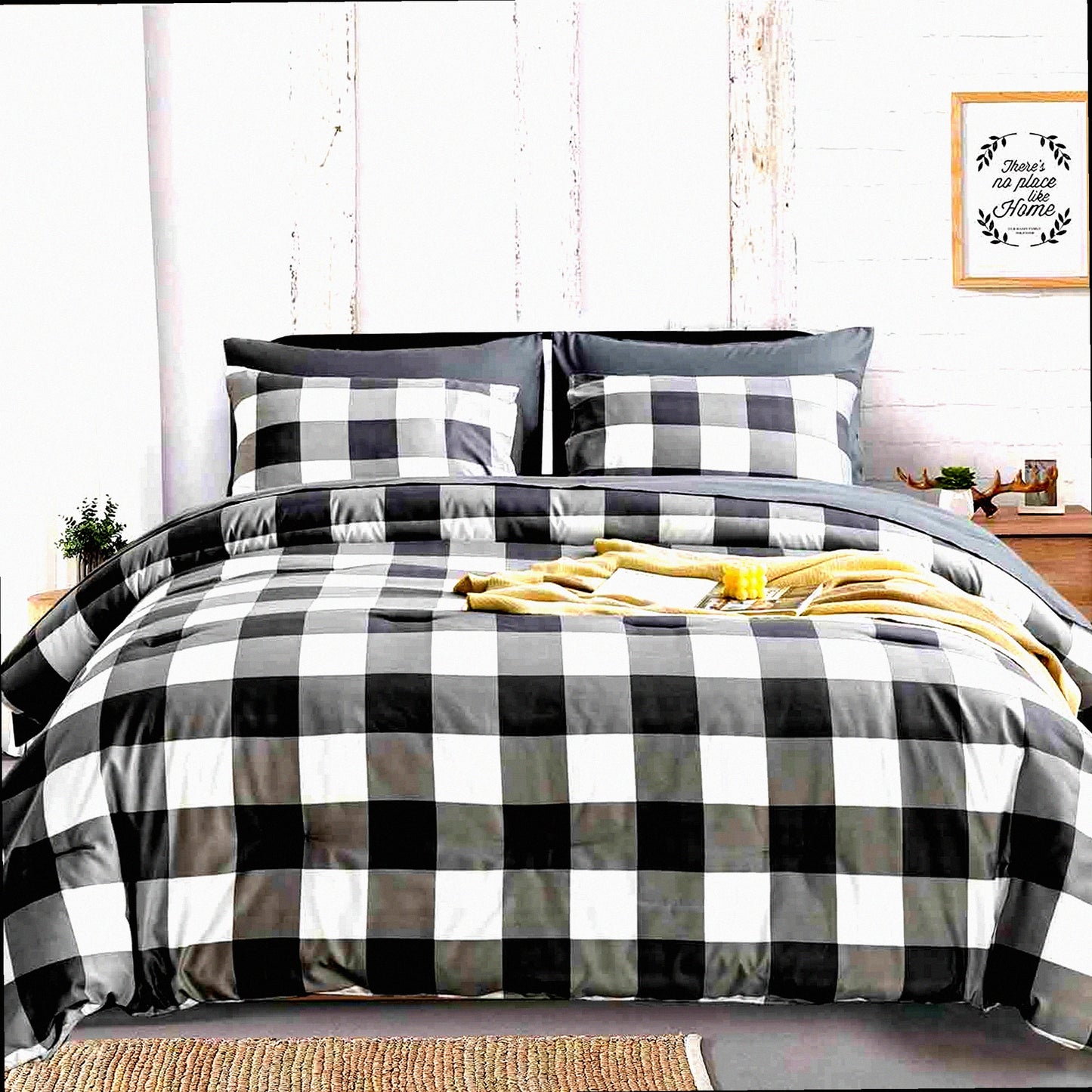 Neutral Farmhouse Buffalo Check Comforter Set - Queen Size 3 Piece Bedding with Lightweight Microfiber Down Alternative Fill & 2 Pillowcases for Men and Women.