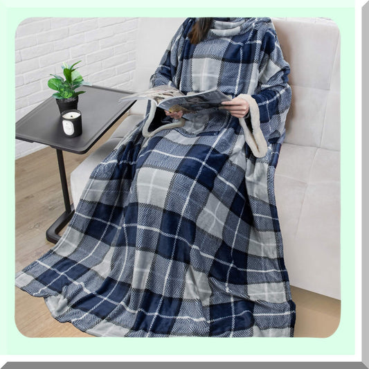 CozySleeve Fleece Blanket: Warm, Soft Plush Snuggle Wrap with Sleeves for Adults - Perfect White Elephant Gift for Mom or Wife, Plaid Blue
