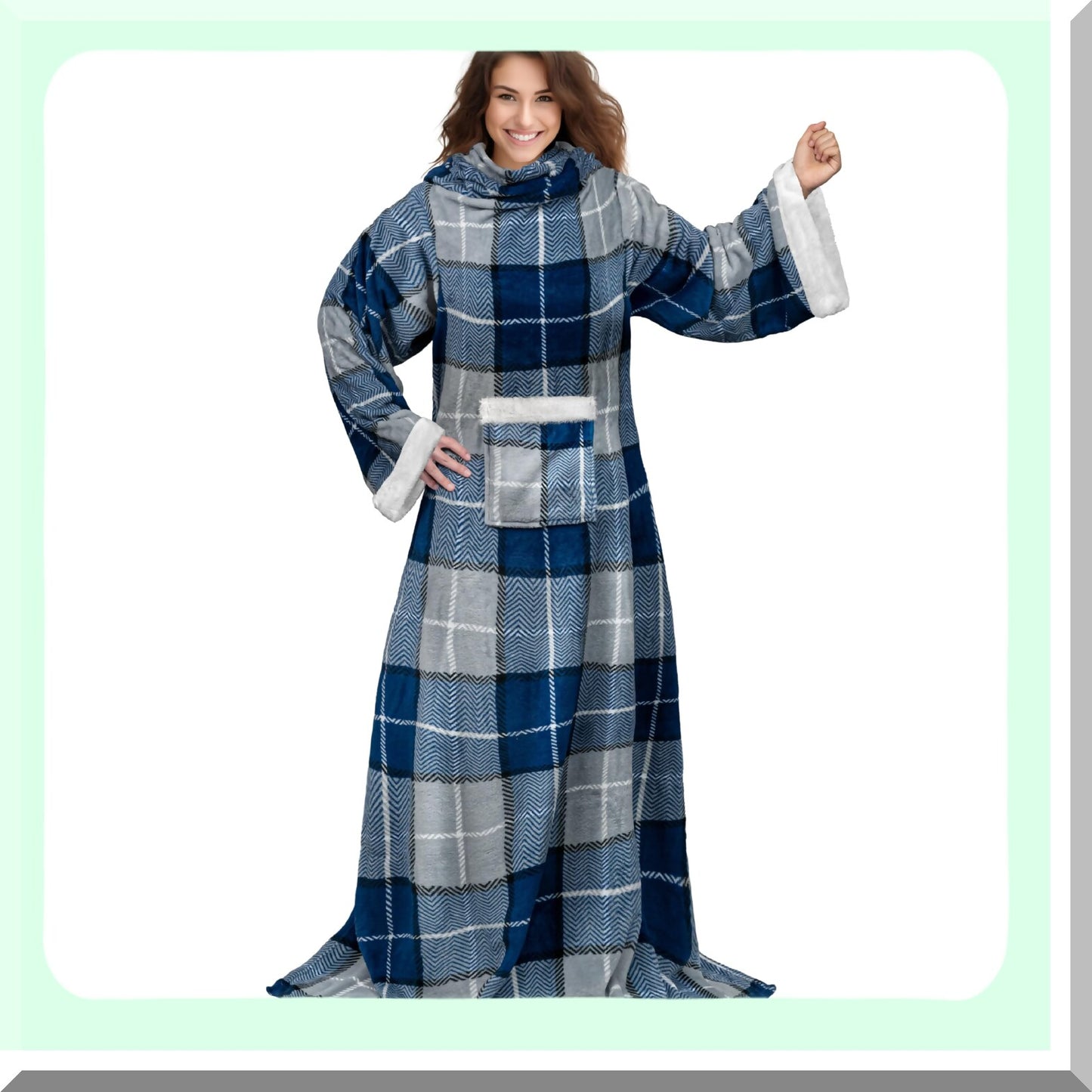CozySleeve Fleece Blanket: Warm, Soft Plush Snuggle Wrap with Sleeves for Adults - Perfect White Elephant Gift for Mom or Wife, Plaid Blue
