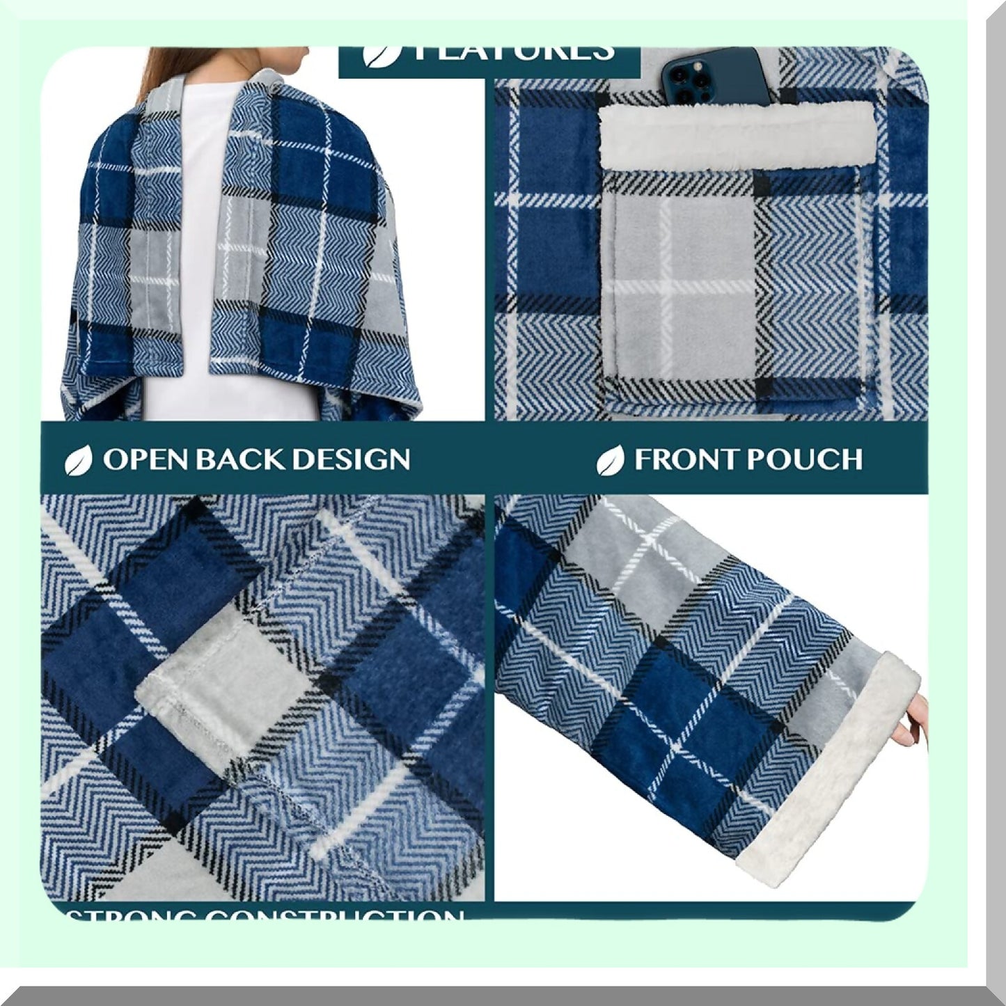 CozySleeve Fleece Blanket: Warm, Soft Plush Snuggle Wrap with Sleeves for Adults - Perfect White Elephant Gift for Mom or Wife, Plaid Blue