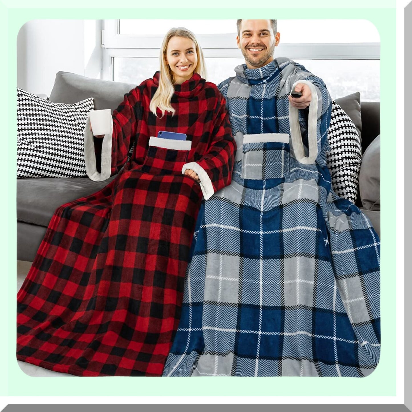CozySleeve Fleece Blanket: Warm, Soft Plush Snuggle Wrap with Sleeves for Adults - Perfect White Elephant Gift for Mom or Wife, Plaid Blue