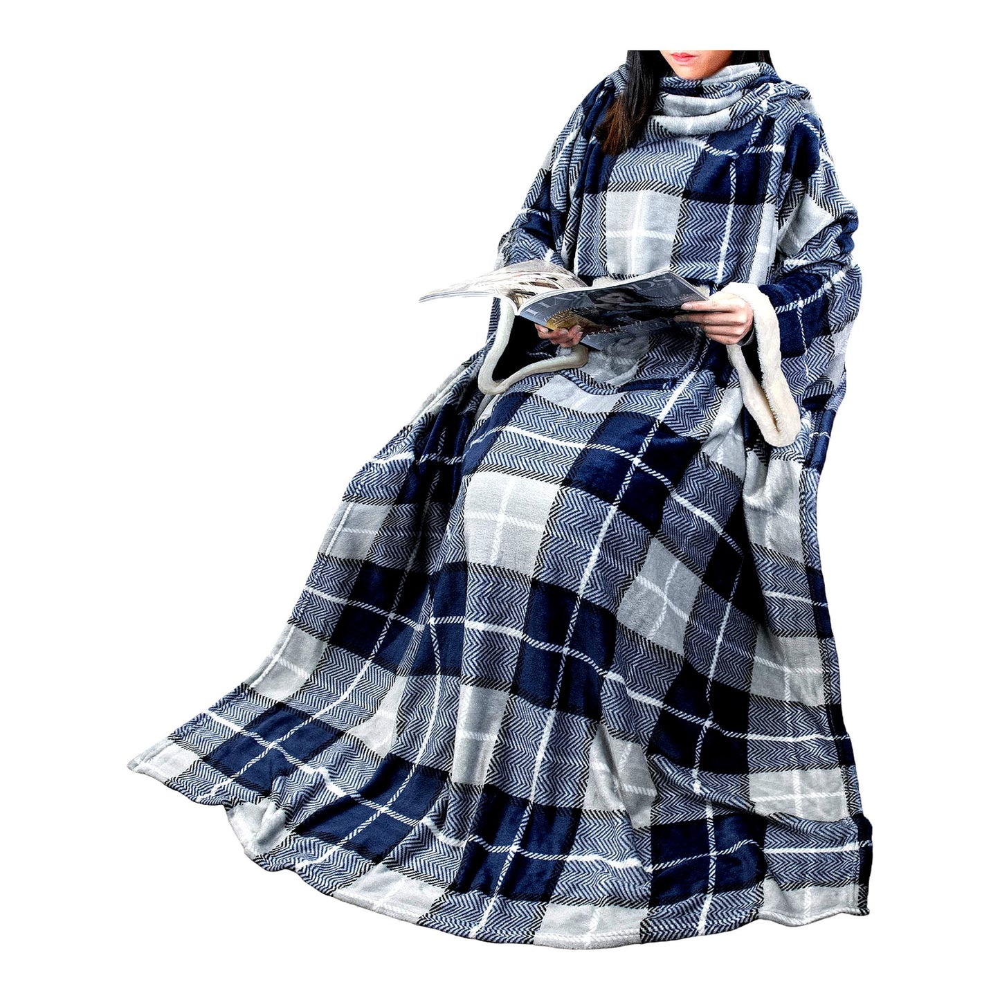 CozySleeve Fleece Blanket: Warm, Soft Plush Snuggle Wrap with Sleeves for Adults - Perfect White Elephant Gift for Mom or Wife, Plaid Blue