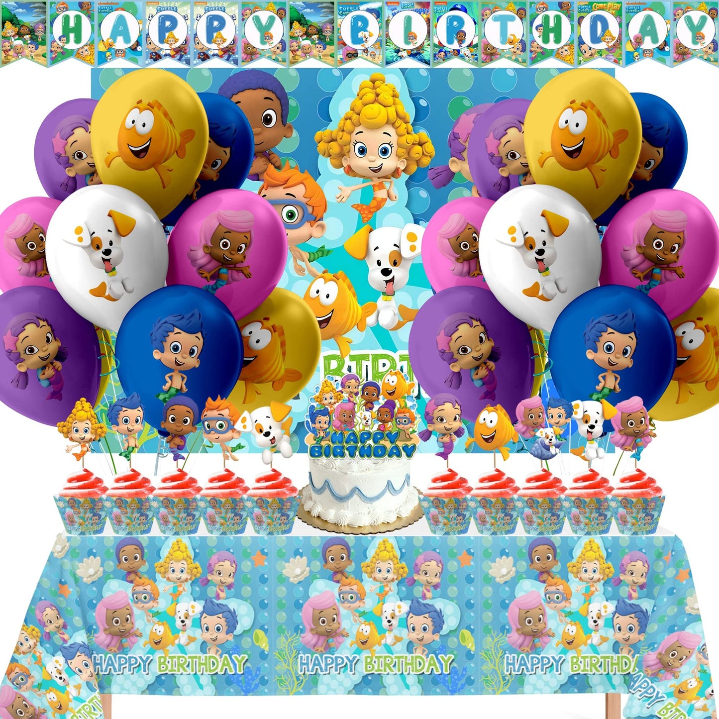 Party Supplies Set with Cake Topper, Balloons, Banner
