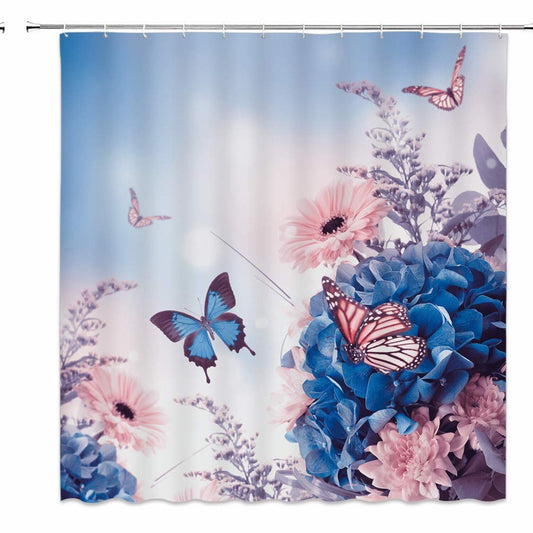 Flower Butterfly Shower Curtain Blue Pink 72x72 inches