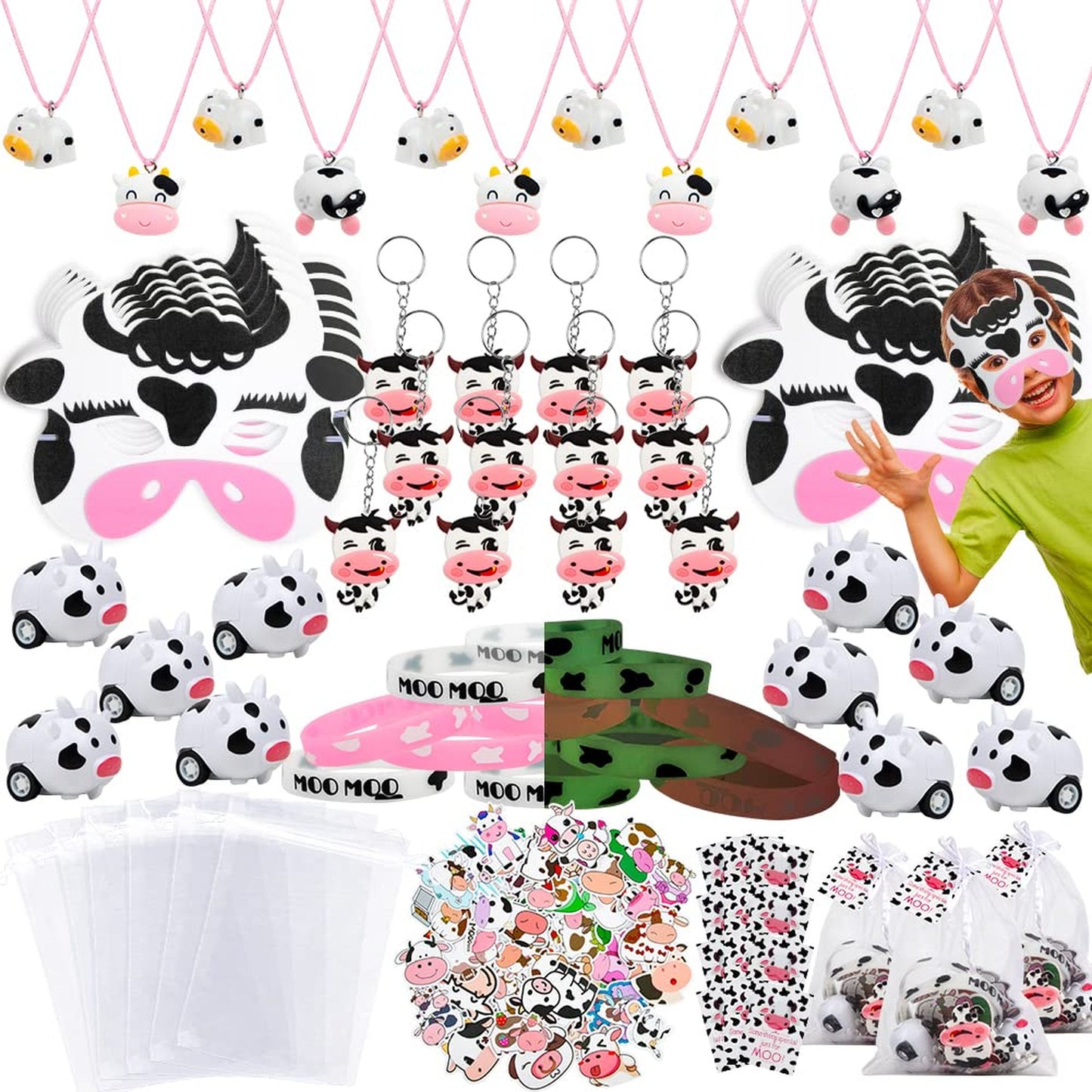 Cow-tastic Party Pack - 134PCS Farm Birthday Supplies for Kids 4-8! Includes Cow Keychain, Stickers, Necklace & More! Perfect for Cow Baby Showers!