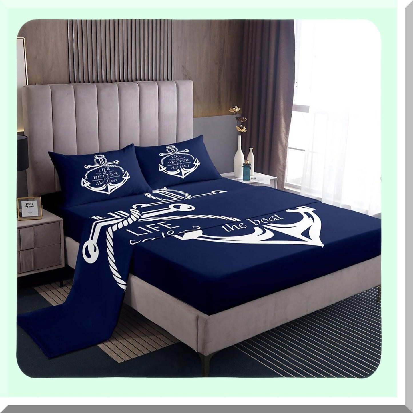 Ocean Anchor Dreams Bedding Set - Nautical Theme Deep Pocket Sheet Set with Anchor Print, 1 Flat Sheet, 2 Pillowcases - Blue Navy Bedroom Decor