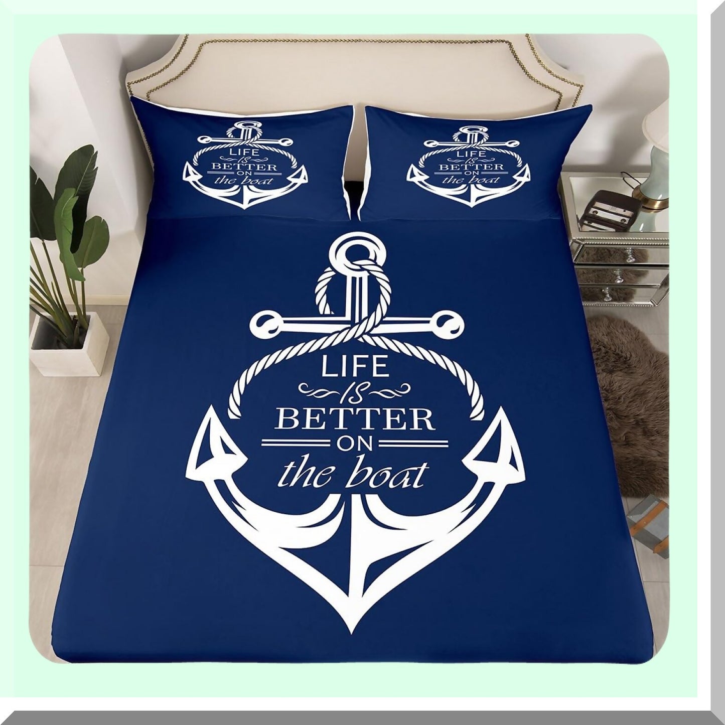 Ocean Anchor Dreams Bedding Set - Nautical Theme Deep Pocket Sheet Set with Anchor Print, 1 Flat Sheet, 2 Pillowcases - Blue Navy Bedroom Decor