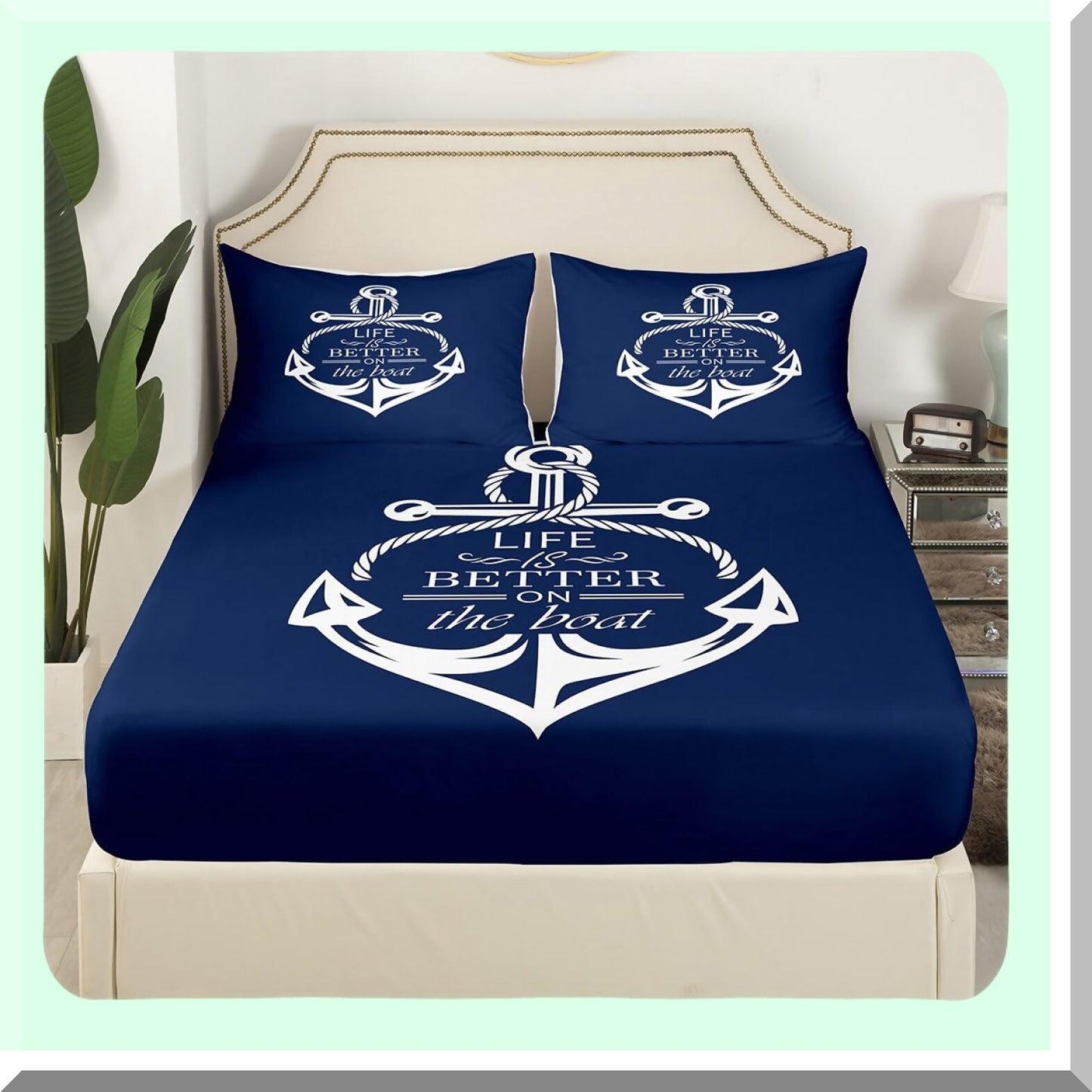 Ocean Anchor Dreams Bedding Set - Nautical Theme Deep Pocket Sheet Set with Anchor Print, 1 Flat Sheet, 2 Pillowcases - Blue Navy Bedroom Decor