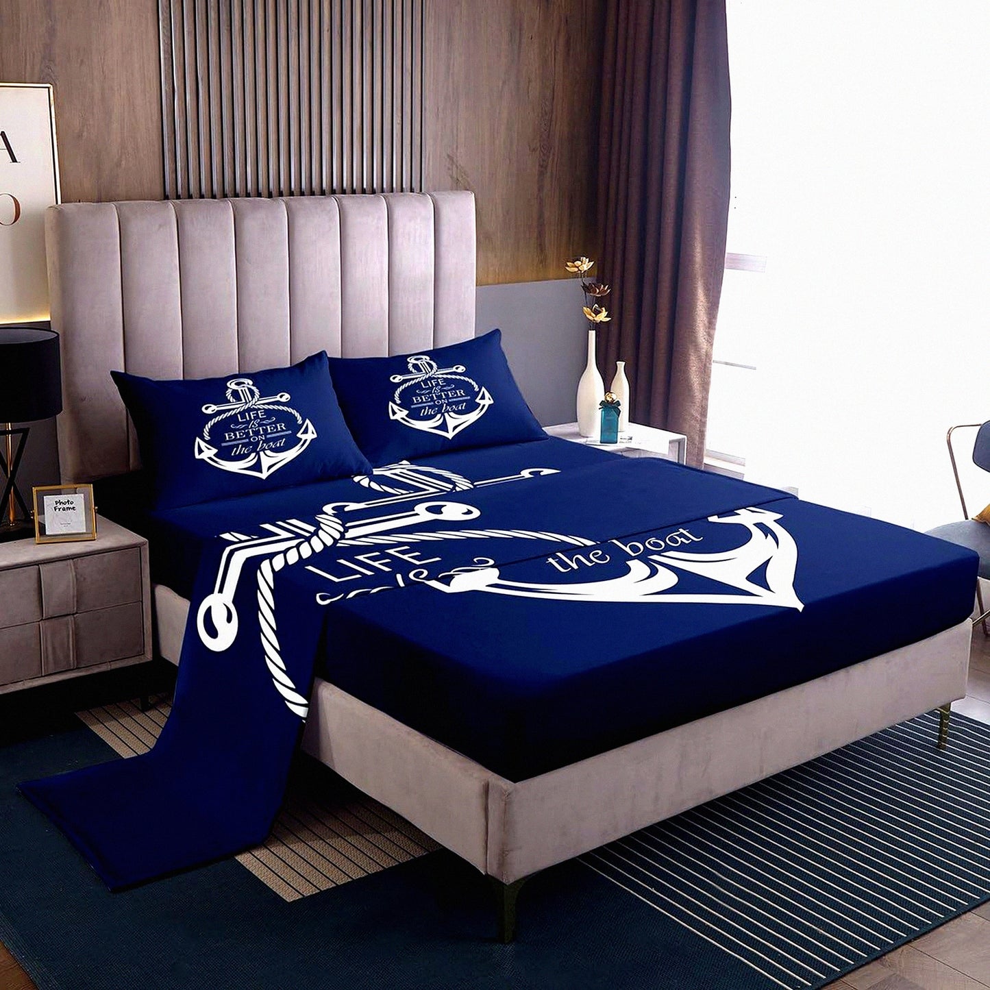 Ocean Anchor Dreams Bedding Set - Nautical Theme Deep Pocket Sheet Set with Anchor Print, 1 Flat Sheet, 2 Pillowcases - Blue Navy Bedroom Decor