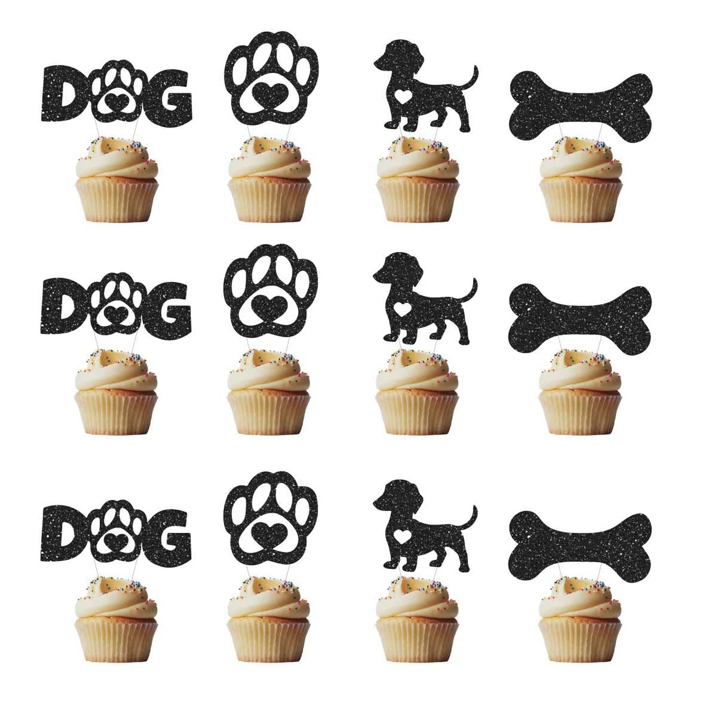 Pawfect Party Pack - 24 Black Glitter Dog Paw Cupcake Toppers for Baby Shower, Boys Girls Birthday Cake Decorations - Pet Theme Supplies