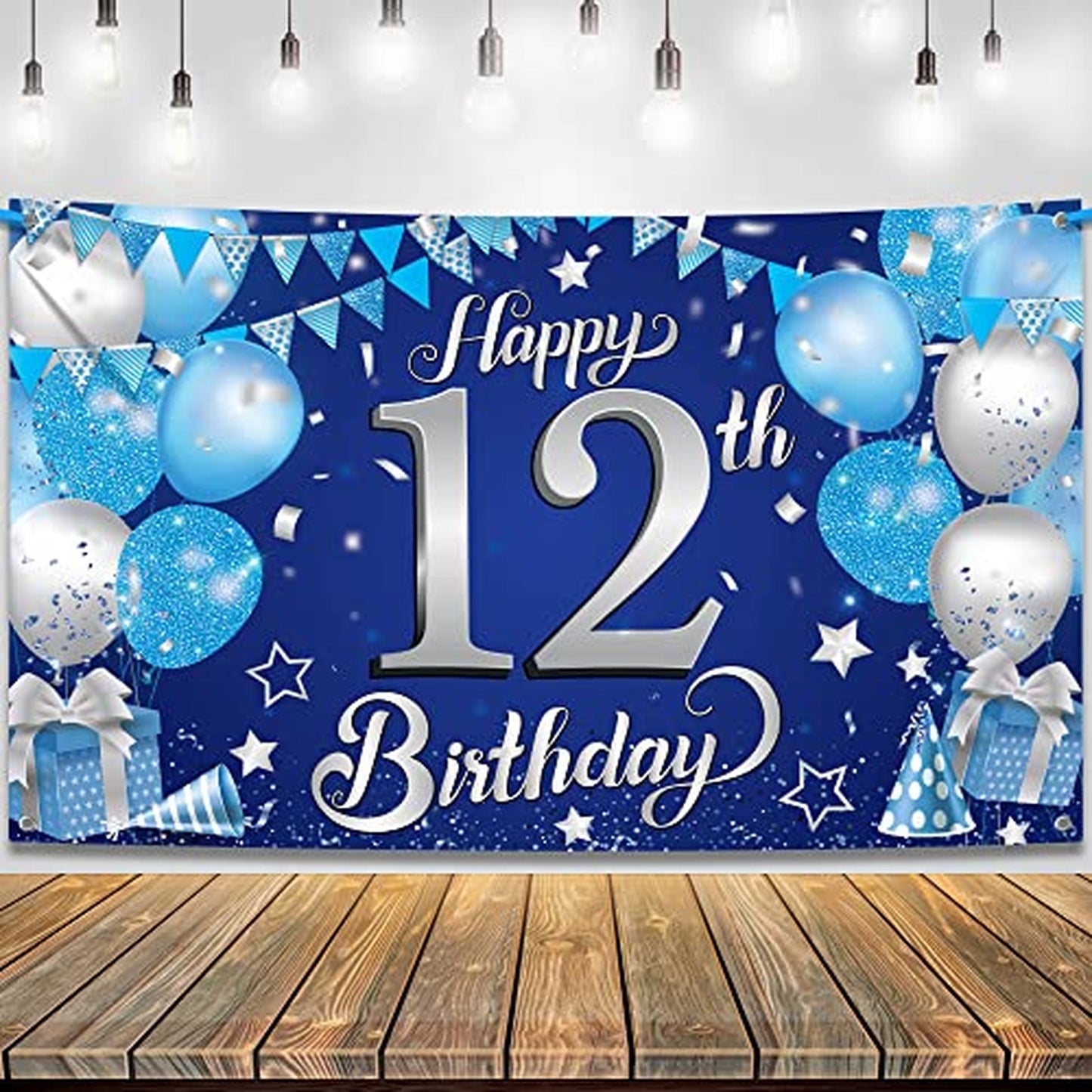 Blue Silver Happy 12th Birthday Banner - Big 72x44 Inch Backdrop for Boys - 12th Birthday Party Decorations - Blue Happy Birthday Banner