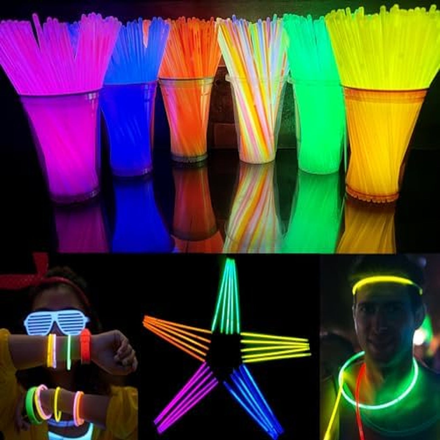 Neon Glow Party Pack - 300 Assorted Color Glow Sticks for Mardi Gras, Football, and New Year Celebration - Bracelets and Necklaces Included